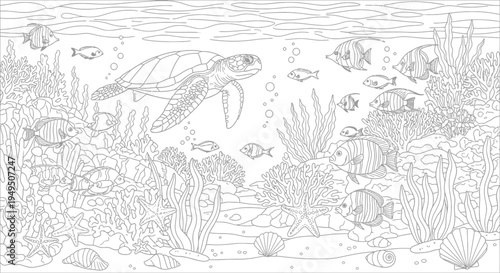 Intricate undersea scene featuring fish, corals, and seaweed in a detailed line drawing for coloring.