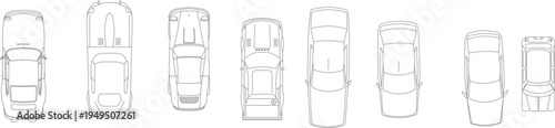 Technical architectural plan view drawing showing various vehicle types including sedans, SUVs, vans and bus for parking design and site planning layouts.