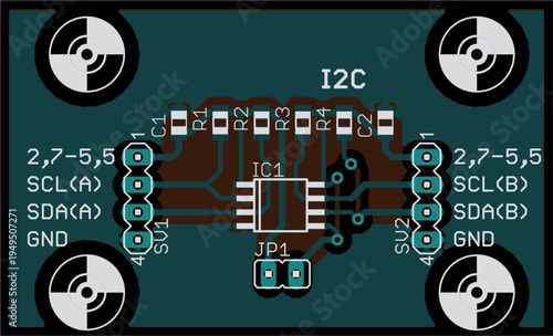Vector printed circuit board of electronic 
device with components of radio elements, 
conductors and contact pads placed on pcb. 
Engineering technical drawing.
Computer technic cad design.