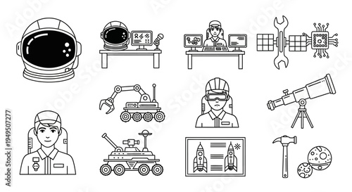 Diverse Space Exploration Icons: Astronauts, Rockets, Rovers, and Telescopes in a Scientific Theme.