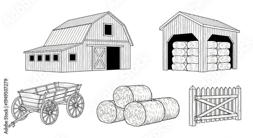 Rural farm scene featuring barns, hay bales, logs, and a gate in a rustic farmyard.