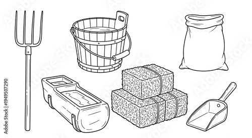 Still Life of Farm Tools with Flour Sugar Butter and Blocks.