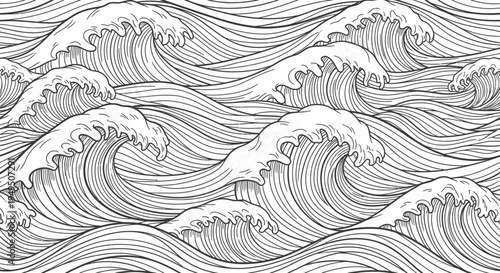 Intricate Monochrome Wave Pattern with Flowing Lines and Foam Detailing.