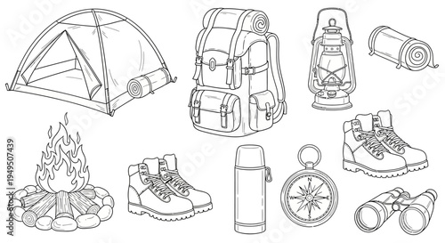 Outdoor camping gear set featuring tent, backpack, boots, and campfire essentials for nature adventures.