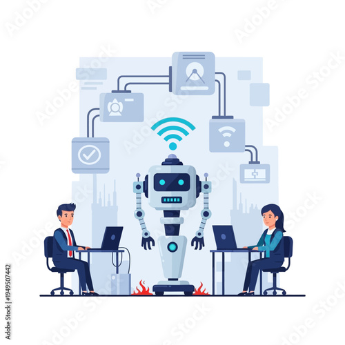 AI Robot and Developers Working Together on Futuristic Technology Project