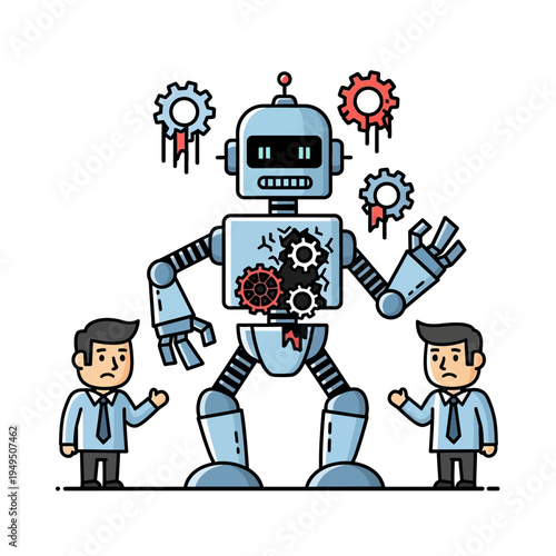 Broken Robot with Gears and Worried Engineers