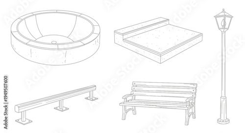 Stylized line drawing of park street furniture including benches and a street lamp.