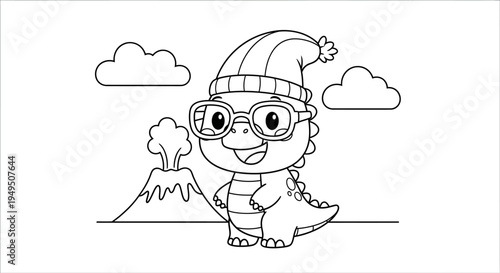 Playful cartoon dinosaur wearing a knit hat and scarf beside a volcano and fluffy clouds.