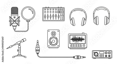 Set of musical and audio equipment icons including microphones, headphones, speakers and mixers for design projects.