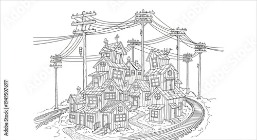 Crowded pile of discarded boxes and debris along a roadside under utility lines.