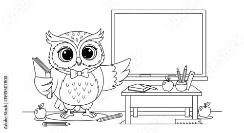 Whimsical owl stands beside a desk with books and papers in a classroom illustration.