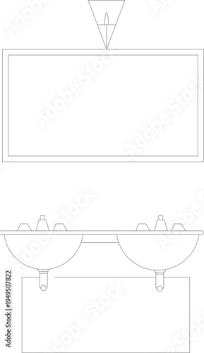 Technical architectural elevation drawing showing bathroom double vanity with two sinks, mirror above, pendant light fixture and cabinet storage below.