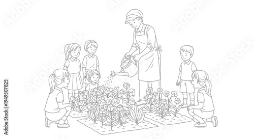 Group of children and a teacher gathered around a large chessboard for a learning session and practice.