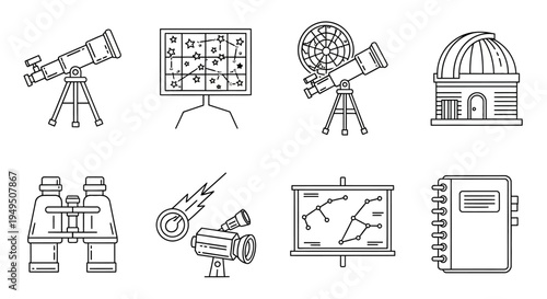 Collection of Astronomy and Space Science Tools and Observatory Icons for Education.