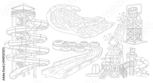 Sketch of a Complex Playground Tower Structure with Slides and Climbing Elements.