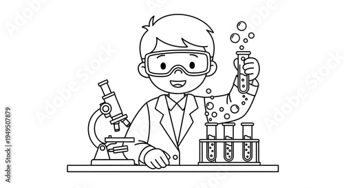 Cartoon Scientist in a Laboratory Conducting Experiments with Beakers and Test Tubes.