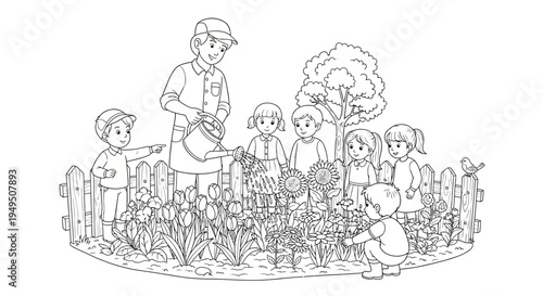 Teacher Leading Outdoor Classroom with a Large Group of Children in a Lively Garden Scene.