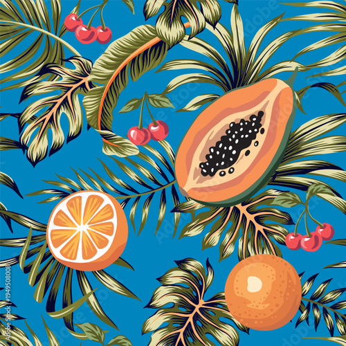 Orange, papaya fruit, cherry, palm leaves seamless pattern. Summer tropical exotic print.