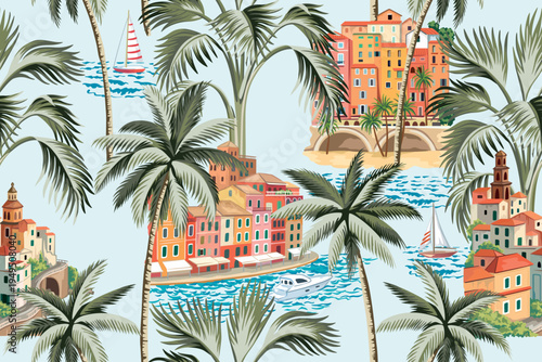 Italian resort town, beach, sailboat, palm, sea wave seamless pattern. Summer Mediterranean coast print.