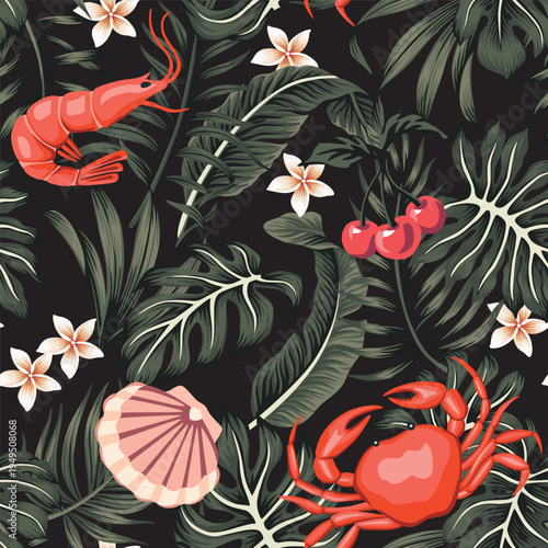 Cherry fruit, shell, shrimp, crab, palm leaves seamless pattern. Summer tropical exotic print.