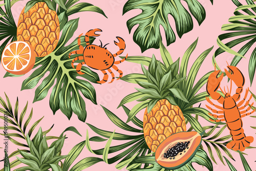 Orange, papaya fruit, pineapple, lobster, crab, palm leaves seamless pattern. Summer tropical exotic print.	