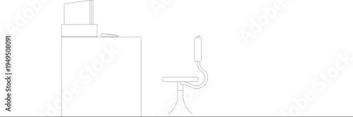 Technical architectural elevation drawing showing modern office workspace with desk, computer monitor and contemporary cantilever chair with curved base design.