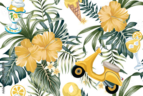 Hibiscus flower, scooter, lemon fruit, gelato, palm leaves seamless pattern. Summer Italian print.