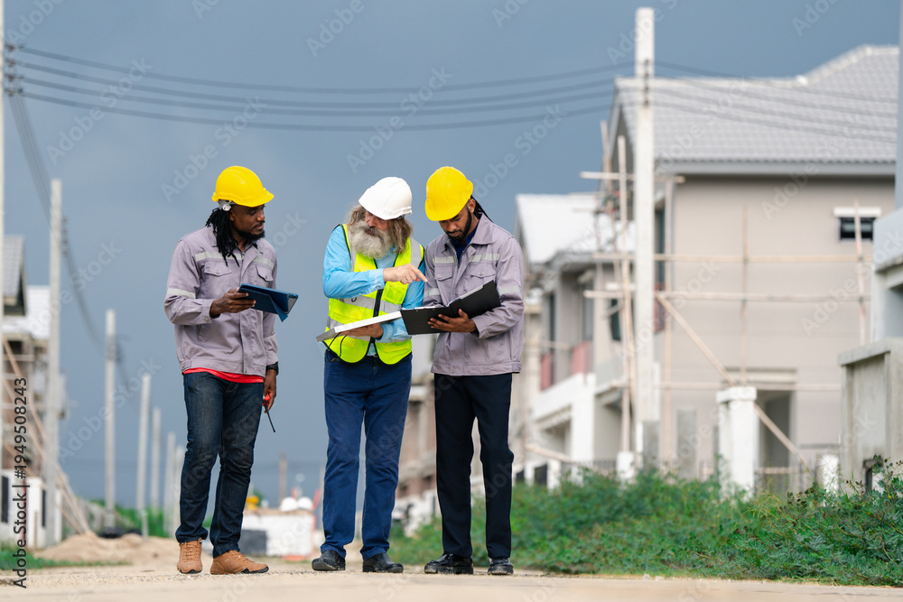 Fototapeta premium Diverse young students wear safety helmets, bright orange safety vests. Attend field trip, learn on large construction site. Group actively discusses engineering project, industrial work, job