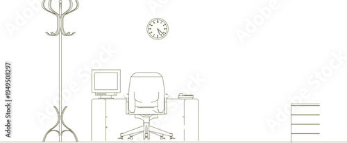 Technical architectural elevation drawing showing office workspace with coat rack, desk, computer monitor, ergonomic office chair, wall clock and filing cabinet.