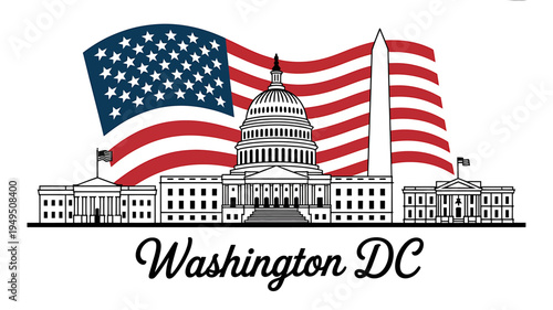 Washington DC cityscape with American flag and famous buildings  Capitol White House