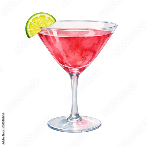 A watercolor vector of a cosmopolitan cocktail with lime garnish for bar drink illustrations, cocktail menu designs, and classic beverage clipart.
