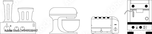Technical elevation drawing showing kitchen appliances including blender, food processor, stand mixer, toaster oven, and espresso coffee machine.
