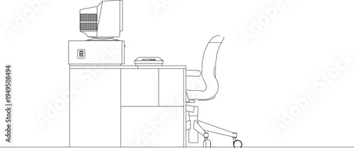 Technical architectural elevation drawing showing office workstation with desk, computer monitor, CPU unit, and ergonomic rolling office chair.