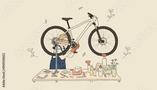 Mechanic repairing bicycle on workbench with tools and parts