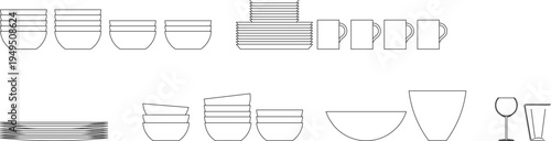Technical drawing showing various kitchenware and tableware including bowls, plates, mugs, cups, wine glass and drinking glasses in elevation view