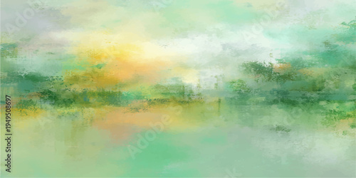 Abstract picturesque landscape painting shows the mirror reflection of the trees and sky. Capturing a harmonious composition, this artwork presents a tranquil scene with serene atmosphere. 