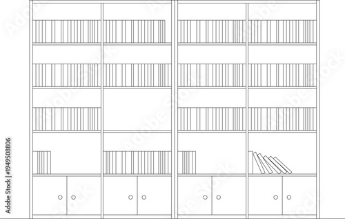 Technical architectural elevation drawing showing built-in bookshelf units with multiple shelves filled with books and cabinet storage at the bottom.