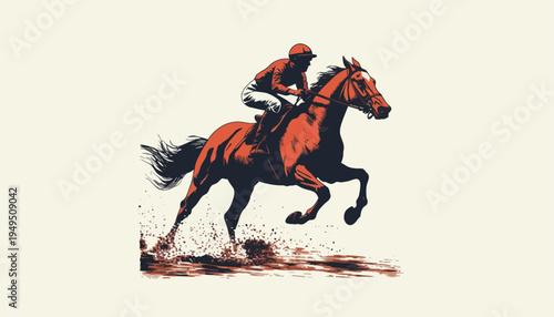 A jockey rides a horse at full speed on a track with action and movement