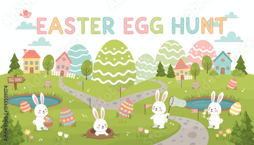 Rabbits participate in colorful Easter egg hunt in a vibrant village landscape