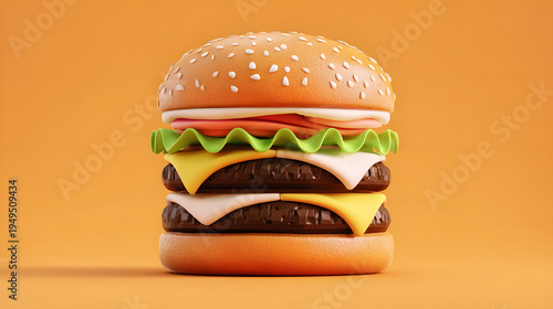 3D semi-real cartoon burger with slightly exaggerated bun thickness and clean layered ingredients. Soft realistic textures. Solid warm orange background.