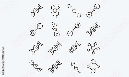 A minimalist line icon set illustrating genetics and DNA concepts, designed with editable strokes for flexible use in scientific, educational. Vector illustration