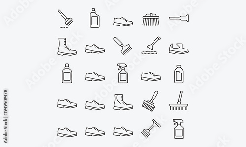 A set of 21 editable stroke icons representing essential shoe care steps and tools. Perfect for packaging, manuals,