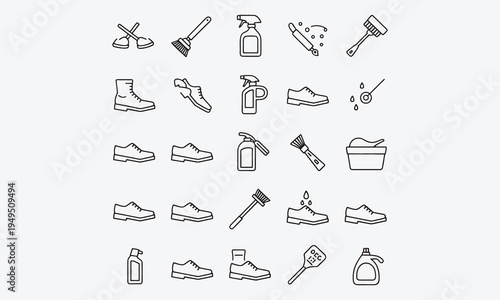 A set of 21 editable stroke icons representing essential shoe care steps and tools. Perfect for packaging, manuals,