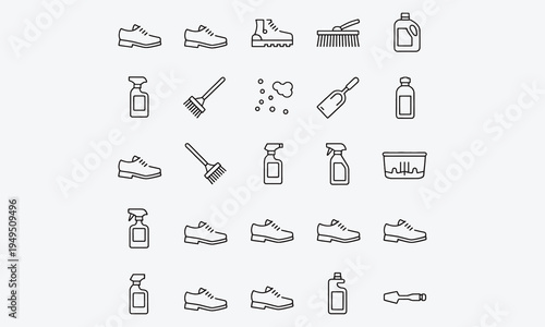 A set of 21 editable stroke icons representing essential shoe care steps and tools. Perfect for packaging, manuals,
