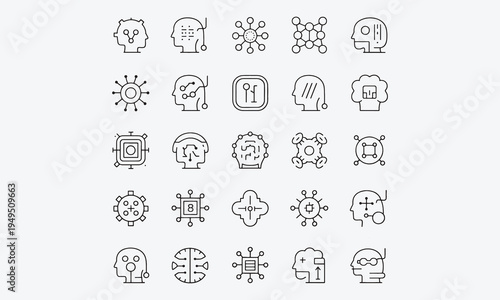Artificial Intelligence Icons set. Containing Pattern Recognition, Machine Learning, Internet Of Things, Algorithm, Neural Network and more. Vector illustration
