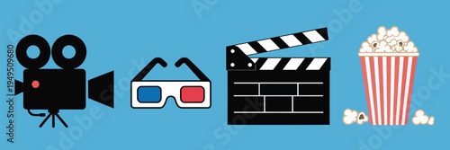 Movie and Cinema Icon Set Vector Collection with Ticket, Popcorn, Film Reel, 3D Glasses and Clapperboard, Entertainment Theater Symbols for Film Industry, Media Design Elements on Blue Background