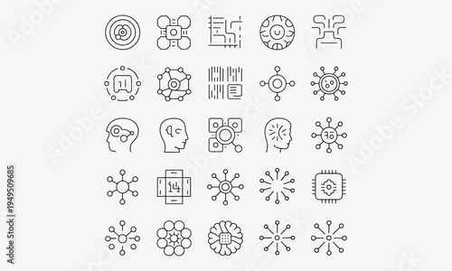 Artificial Intelligence Icons set. Containing Pattern Recognition, Machine Learning, Internet Of Things, Algorithm, Neural Network and more. Vector illustration