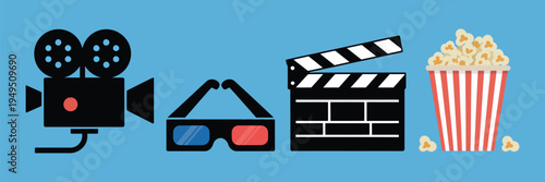 Movie and Cinema Icon Set Vector Collection with Ticket, Popcorn, Film Reel, 3D Glasses and Clapperboard, Entertainment Theater Symbols for Film Industry, Media Design Elements on Blue Background