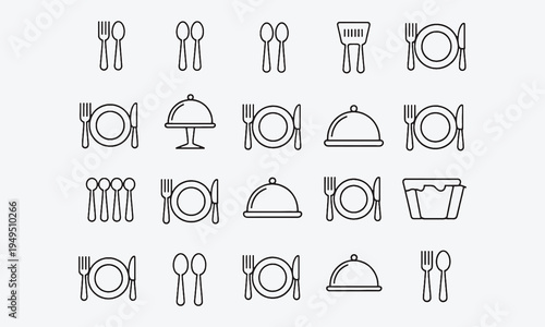 Catering icon set. food and drink icons, restaurants, canteens, cafes .fork, spoon, knife, plate, cloche, tray, chef hat, beverage, food, dining table