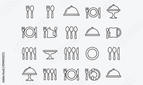 Catering icon set. food and drink icons, restaurants, canteens, cafes .fork, spoon, knife, plate, cloche, tray, chef hat, beverage, food, dining table